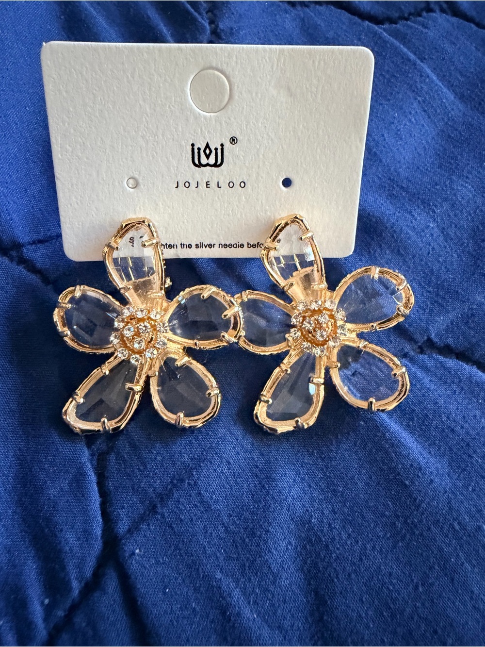 Gold & Clear Flower Statement Earrings - Blue Crystal Petals